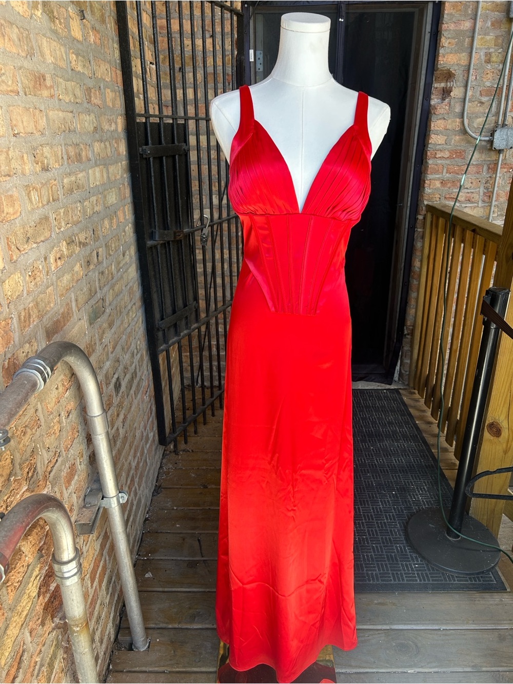 AKIRA Red Satin Maxi Dress with V-Neck Bodice